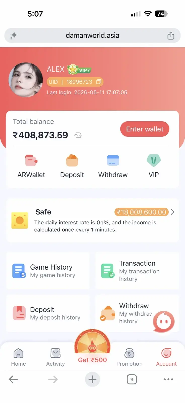 Daman account dashboard showing username ALEX, VIP7 badge, total balance ₹408,873.59, and shortcuts to ARWallet, Deposit, Withdraw, VIP, Safe, Game History, Transaction history, Deposit history, and Withdraw history