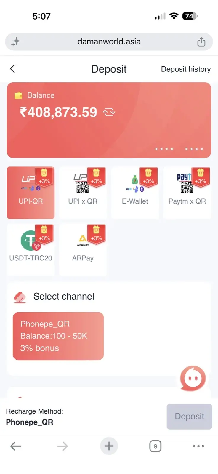Daman deposit screen showing UPI-QR, UPI x QR, E-Wallet, Paytm x QR, USDT-TRC20 and ARPay channels each with a +3% bonus tag