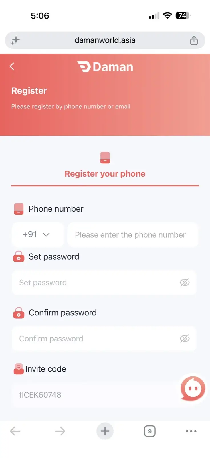 Daman registration screen on damanworld.asia showing the phone number field with +91 prefix, set password fields, and the invite code fICEK60748